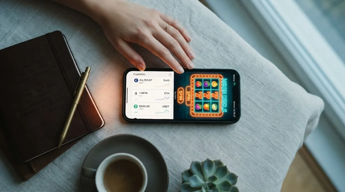 Écran de portefeuille crypto affichant des soldes en Bitcoin, Ethereum et USDT à côté d'une interface de casino en ligne