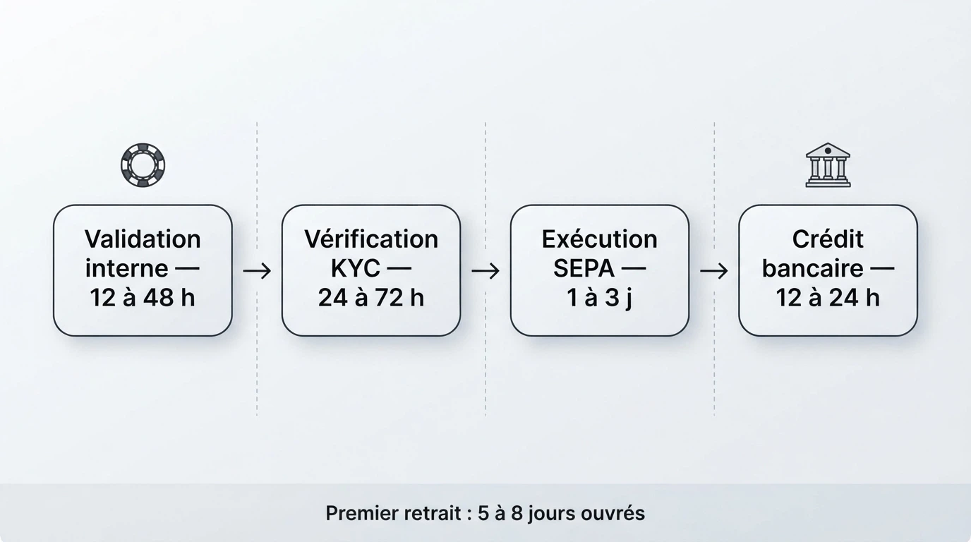 Un schéma visuel du cheminement d'un retrait par virement bancaire, du compte casino au compte bancaire du joueur, avec les étapes de validation KYC et de traitement bancaire.