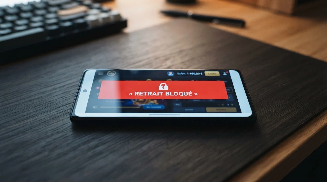 Interface de casino en ligne affichant un message d'erreur de retrait bloqué, avec un cadenas brisé en surimpression