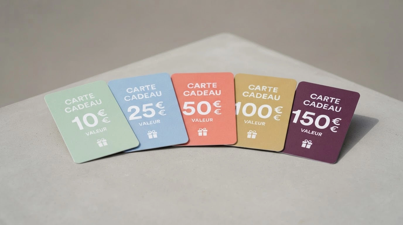 Les cinq coupures de recharges CASHlib (10 €, 25 €, 50 €, 100 €, 150 €) disposées en éventail sur un fond neutre