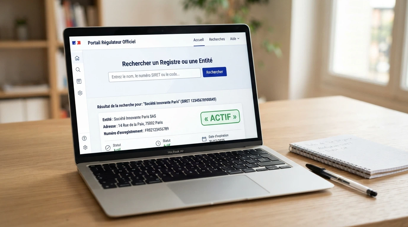Capture d'écran du registre public de la Malta Gaming Authority affichant le champ de recherche d'un numéro de licence, avec un surlignage sur le statut « actif »