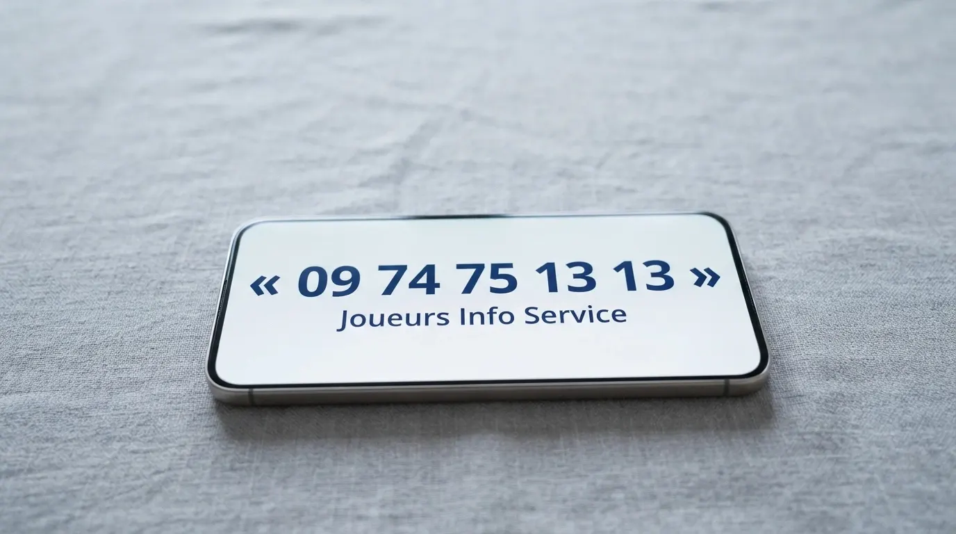 Un téléphone portable affichant le numéro de Joueurs Info Service (09 74 75 13 13) avec le logo de Santé publique France