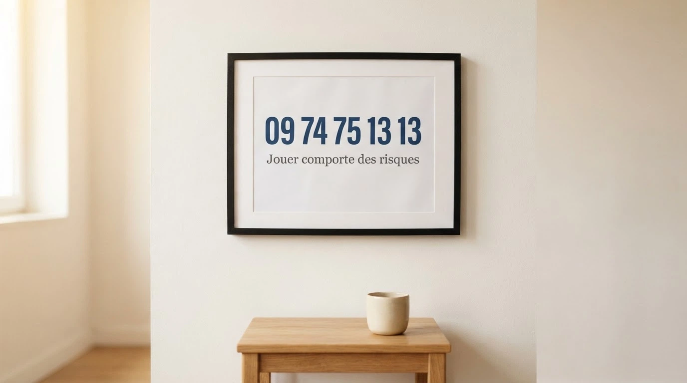 Logo et numéro de Joueurs Info Service (09 74 75 13 13) affiché sur un fond sobre avec le slogan « Jouer comporte des risques »