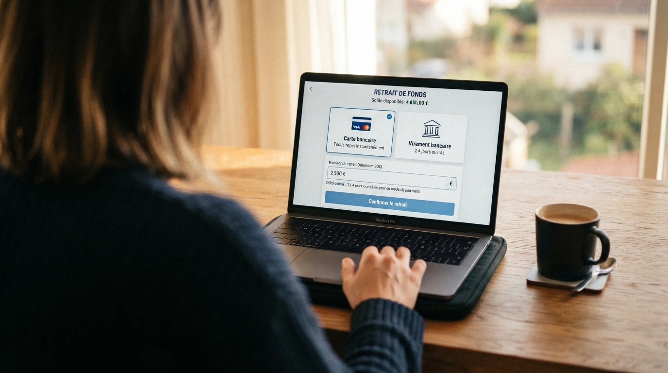 Interface de retrait d'un casino en ligne affichant les options carte bancaire et virement bancaire, avec un champ de montant et un délai estimé en jours ouvrés