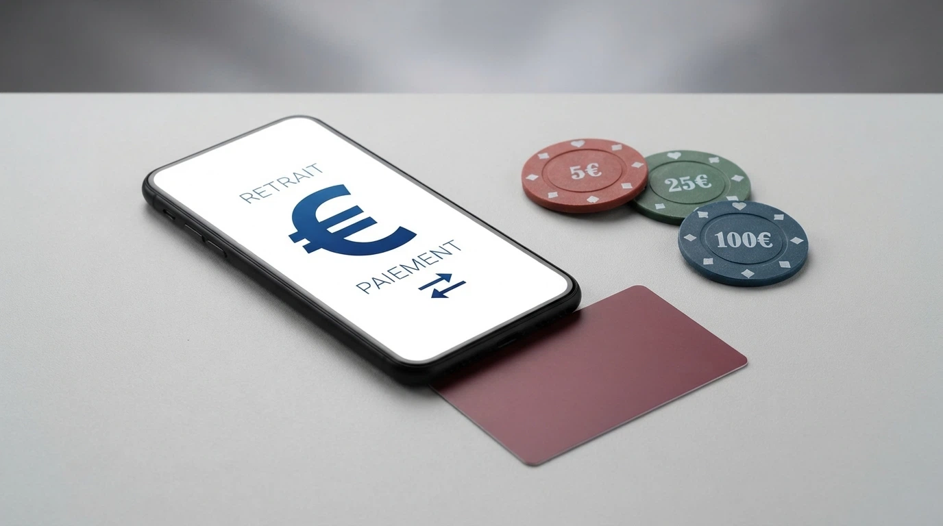 Une carte bancaire, un portefeuille électronique et des pièces de monnaie posés à côté d'un écran affichant un bouton « Retirer mes gains »