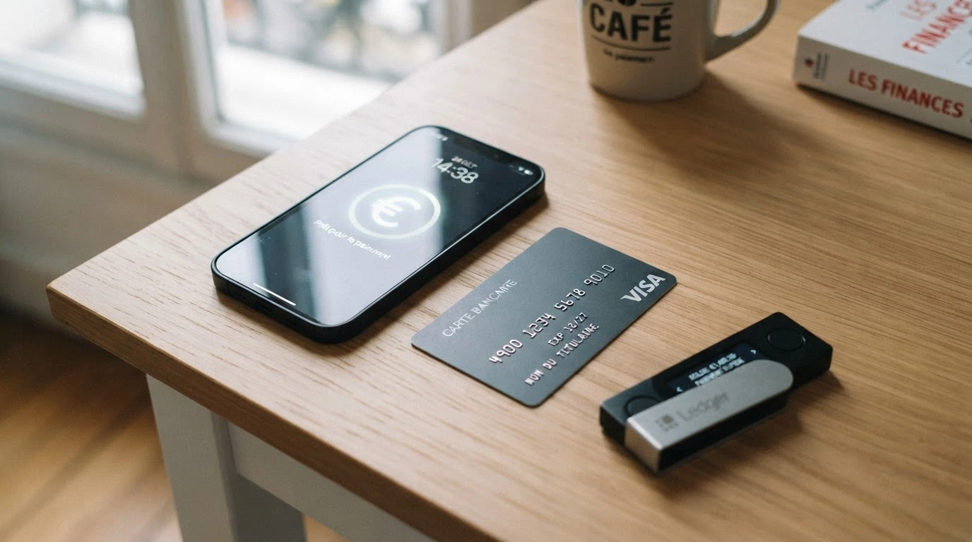 Une carte bancaire, un portefeuille électronique et un téléphone affichant une transaction en crypto, disposés côte à côte