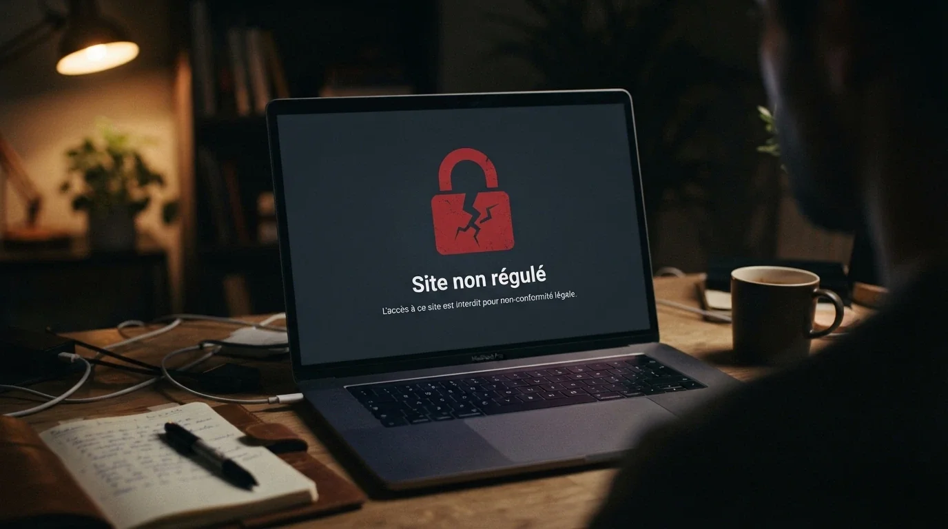 Écran affichant un message d'avertissement sur un site de casino non régulé, avec un cadenas brisé en surimpression