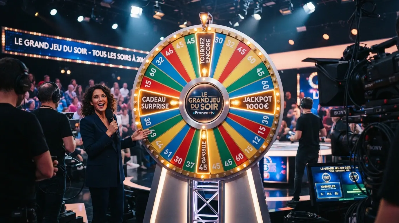 La roue de la fortune à 54 segments du studio Candyland, avec le présentateur en direct et les cases bonus illuminées
