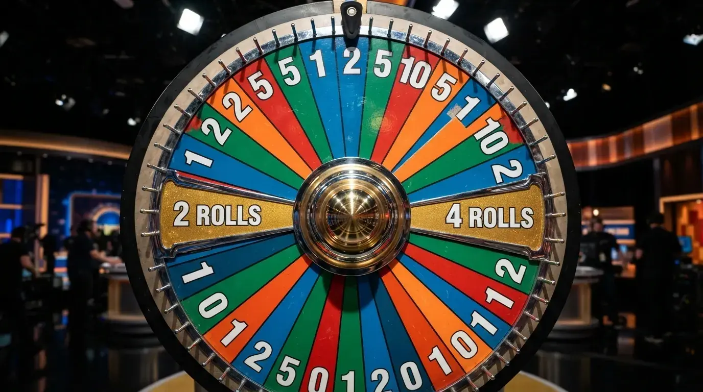 Vue rapprochée de la roue Monopoly Live affichant les segments 1x, 2x, 5x, 10x, 2 Rolls et 4 Rolls avec leur couleur respective