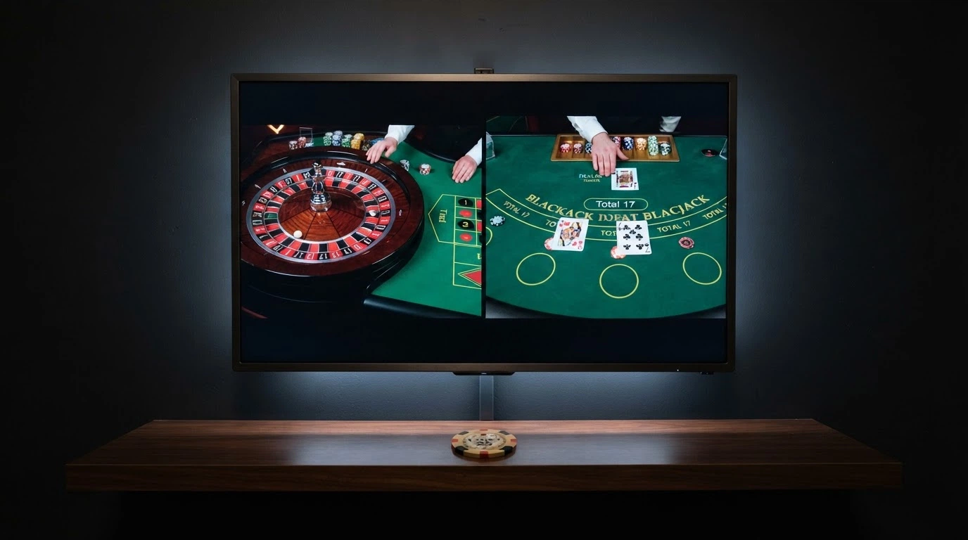 Une roulette et une table de blackjack côte à côte sur l'écran d'un casino en direct, les mises affichées en surimpression