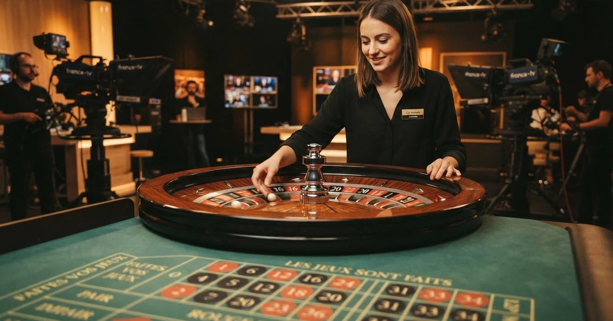 Table de roulette en direct filmée en plan large, croupière francophone lançant la bille sur le cylindre, tapis de mise éclairé, interface de jeu visible à l'écran