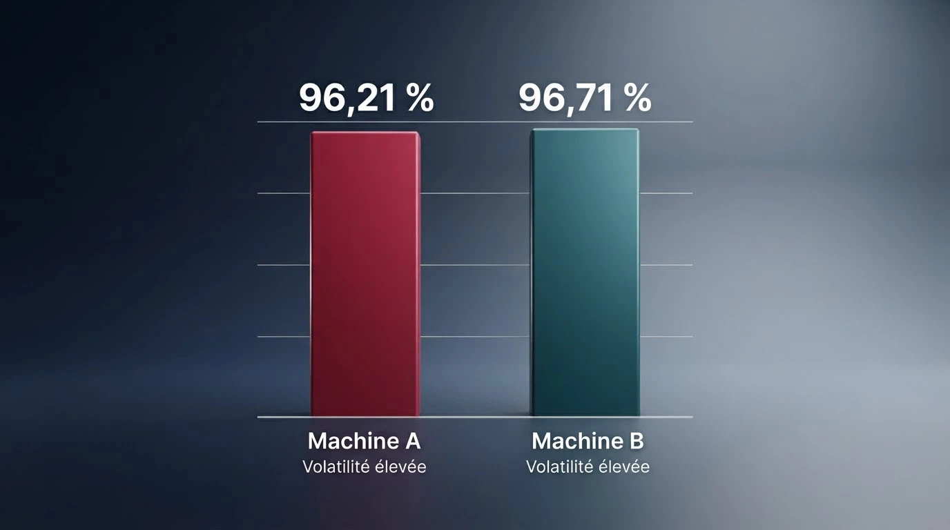 Graphique comparatif des taux de redistribution (RTP) de Book of Dead et Big Bass Bonanza, les deux machines documentées