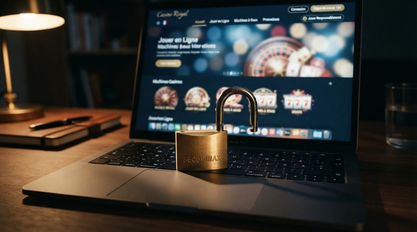 Un cadenas ouvert posé sur un clavier d'ordinateur, avec en arrière-plan flouté l'interface d'un site de casino