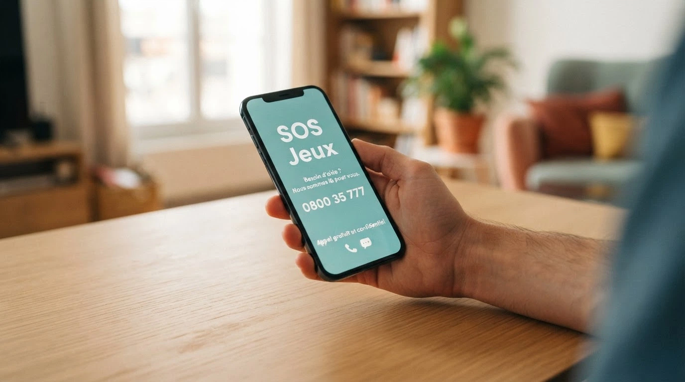 Interface d'aide en ligne pour le jeu responsable avec numéro SOS Jeux 0800 35 777 affiché à l'écran