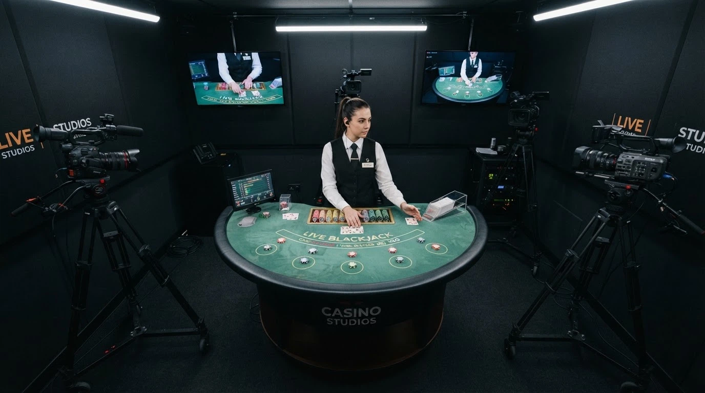 Un studio de jeu live avec une table de blackjack, un croupier professionnel en tenue de casino et des écrans de contrôle en arrière-plan