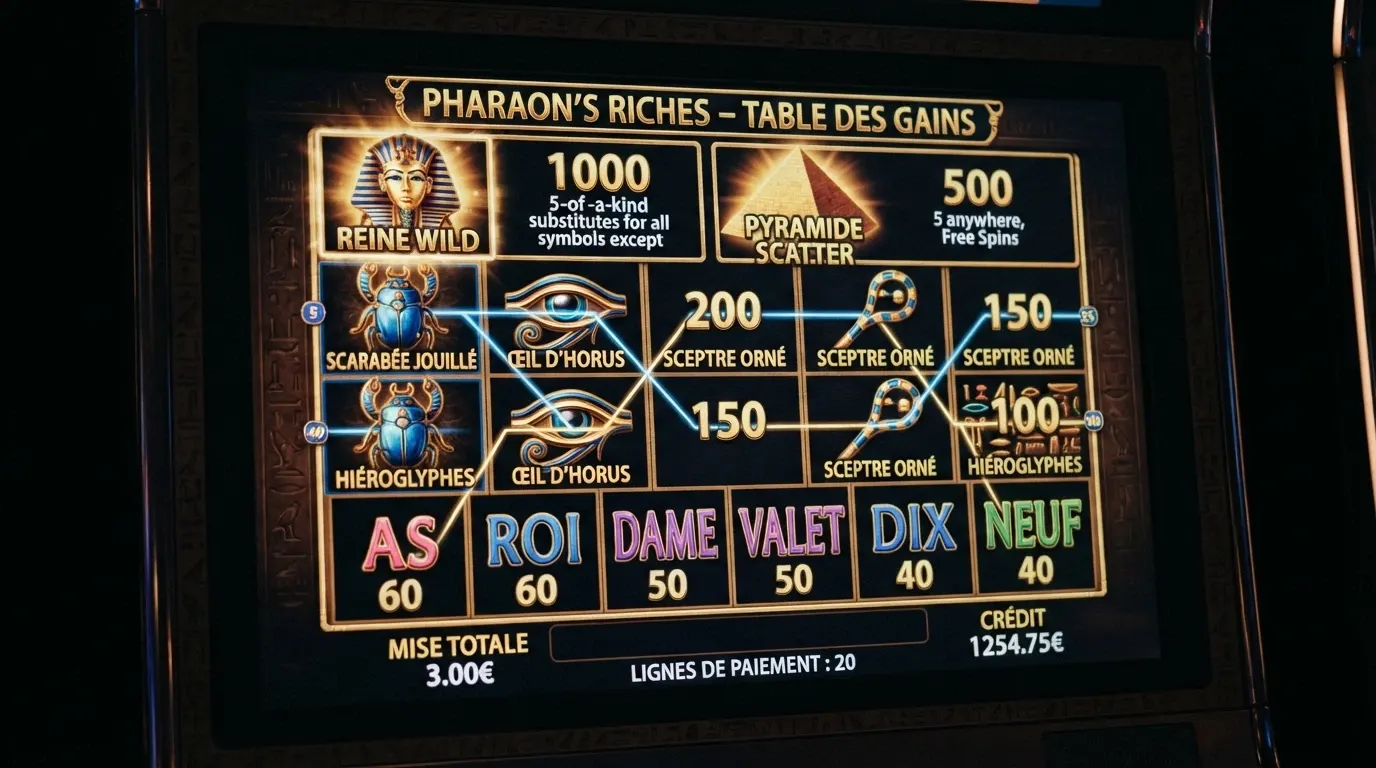 Le tableau des gains de Cleopatra avec le symbole Wild Cléopâtre, le scatter Sphinx, les icônes égyptiennes et les symboles de cartes, disposés sur les 5 rouleaux