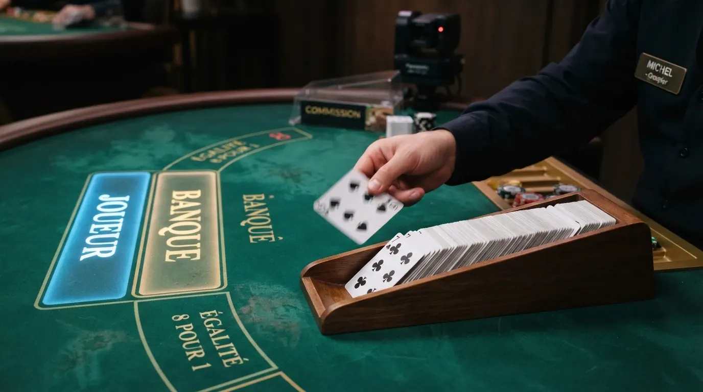 Un croupier de casino en train de distribuer les cartes sur une table de baccarat live, les zones de mise illuminées sur le tapis vert, un sabot de distribution visible au premier plan