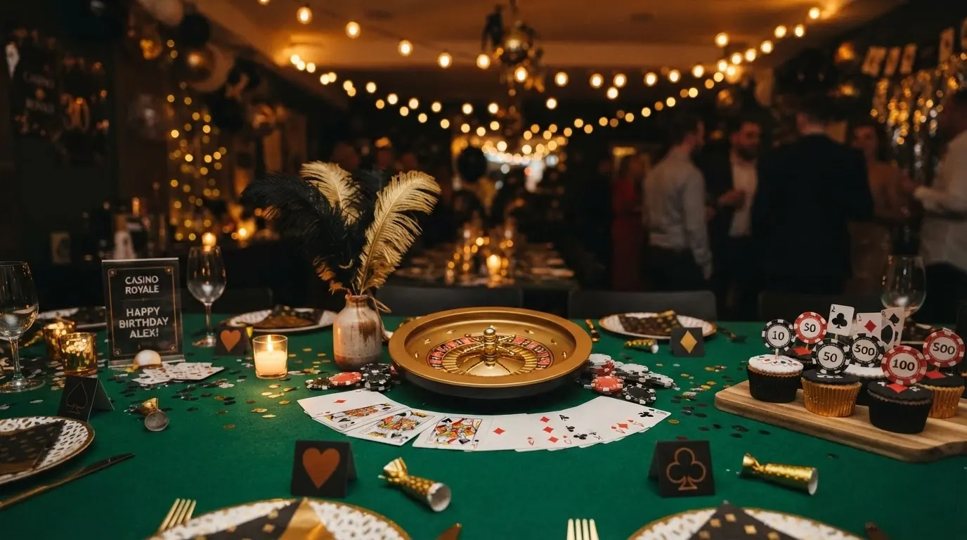 Une table de fête décorée sur le thème du casino avec une roulette miniature dorée, des cartes à jouer en centre de table et des guirlandes lumineuses