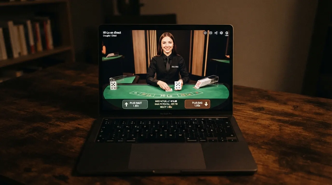 Un croupier en direct tenant un paquet de cartes devant une table de jeu filmée, l'interface de pari Hi-Lo superposée à l'écran, vu de l'angle du joueur