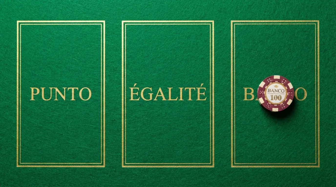 Les trois zones de mise d'une table de punto banco — Punto, Banco, Égalité — mises en évidence sur un tapis de jeu avec des jetons placés sur la case Banco