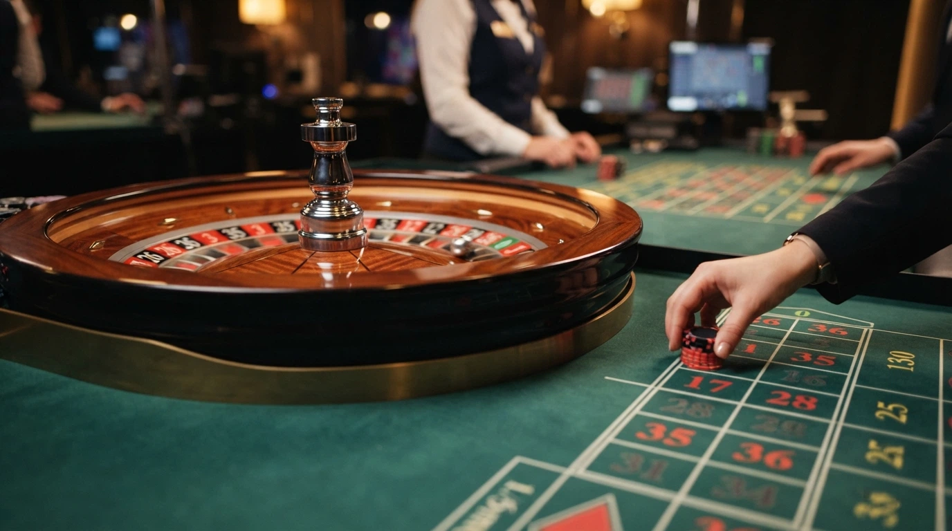 Un gros plan sur une roulette européenne en mouvement dans un studio live, le croupier lance la bille, les numéros sont nets, l'écran de mise affiche les options de pari