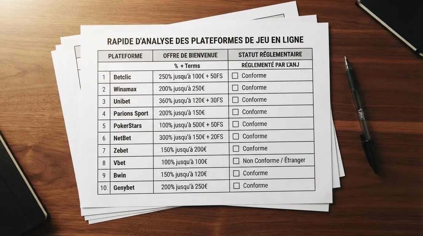 Tableau à trois colonnes listant les noms, bonus et statut légal des dix casinos examinés