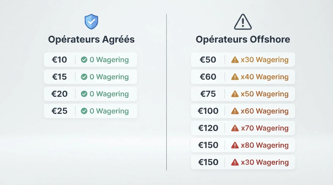 Tableau comparatif opposant les opérateurs agréés ANJ aux casinos offshore, avec leur seuil de dépôt minimum SEPA et leur bonus de bienvenue