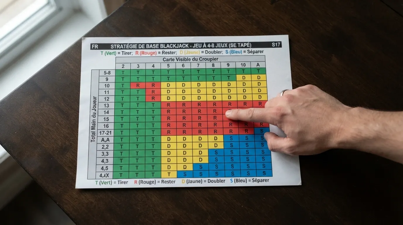 Un tableau de stratégie de base du blackjack imprimé, indiquant les actions recommandées selon les cartes du joueur et la carte visible du croupier