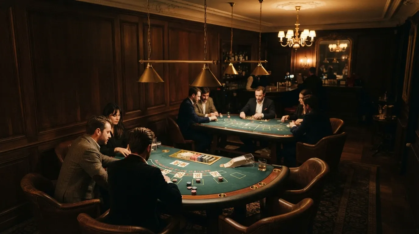 Salle de jeux d'un club parisien, tables de blackjack et poker sous éclairage tamisé