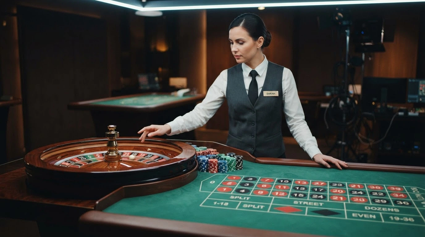 Une table de roulette en direct avec un croupier professionnel, interface de casino live visible sur l'écran, ambiance feutrée