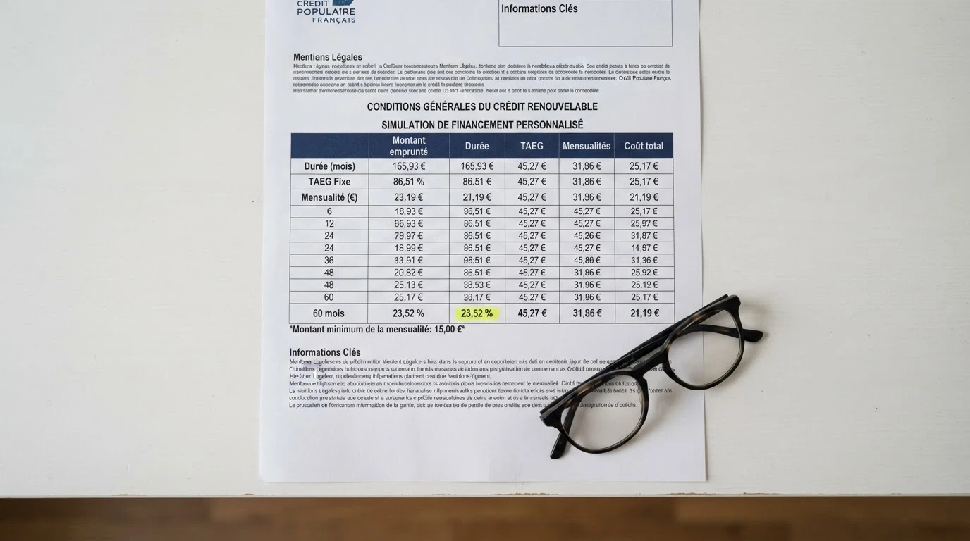 Extrait des conditions tarifaires FLOA avec le TAEG de 23,52 % en évidence