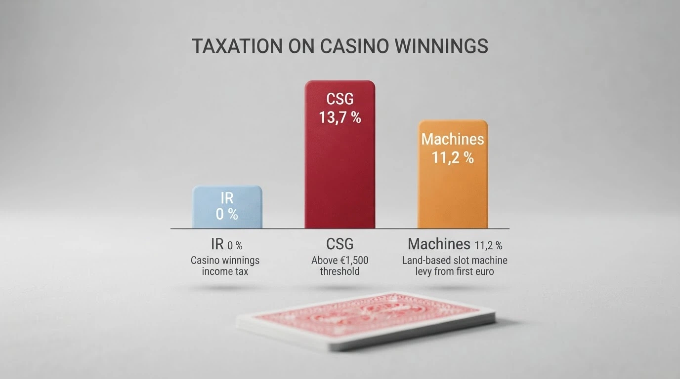 Un extrait visuel de barème fiscal français avec le taux de CSG mis en évidence, des cartes à jouer en arrière-plan flou
