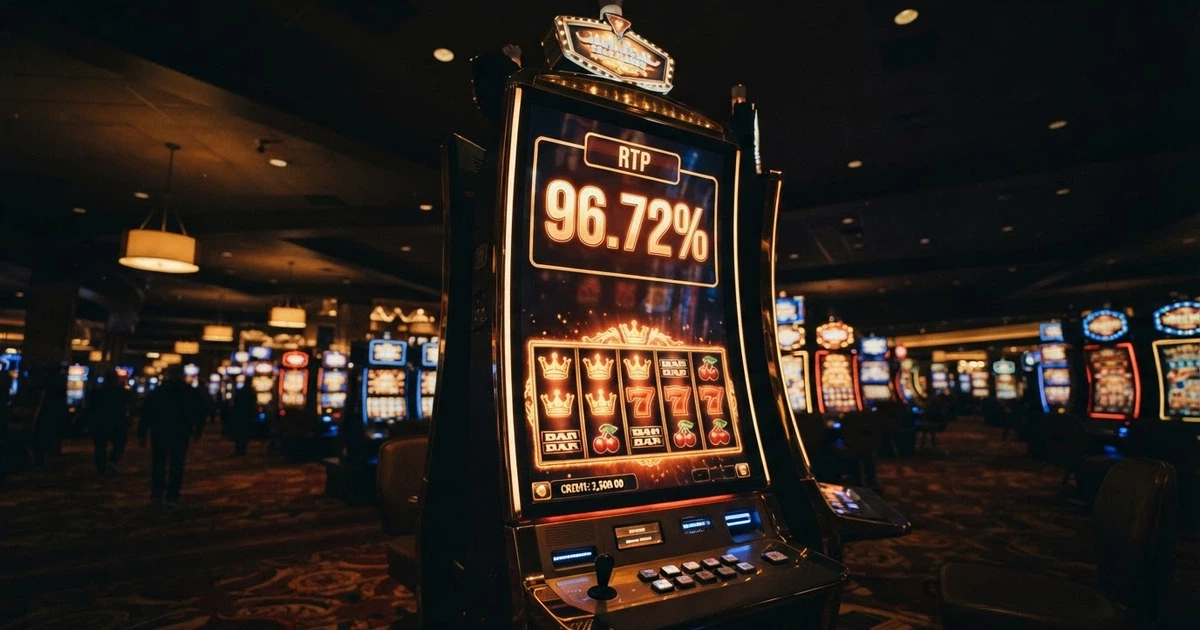 Un écran de machine à sous affichant un pourcentage de redistribution lumineux, vu en contre-plongée dans une salle de casino tamisée.