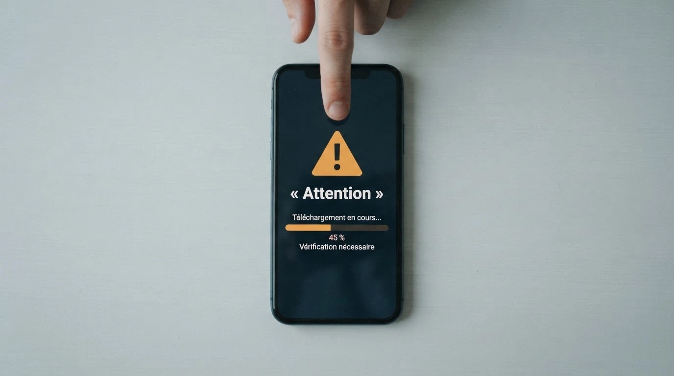 Smartphone affichant une page de téléchargement d'application de casino hors store officiel, avec un avertissement de sécurité