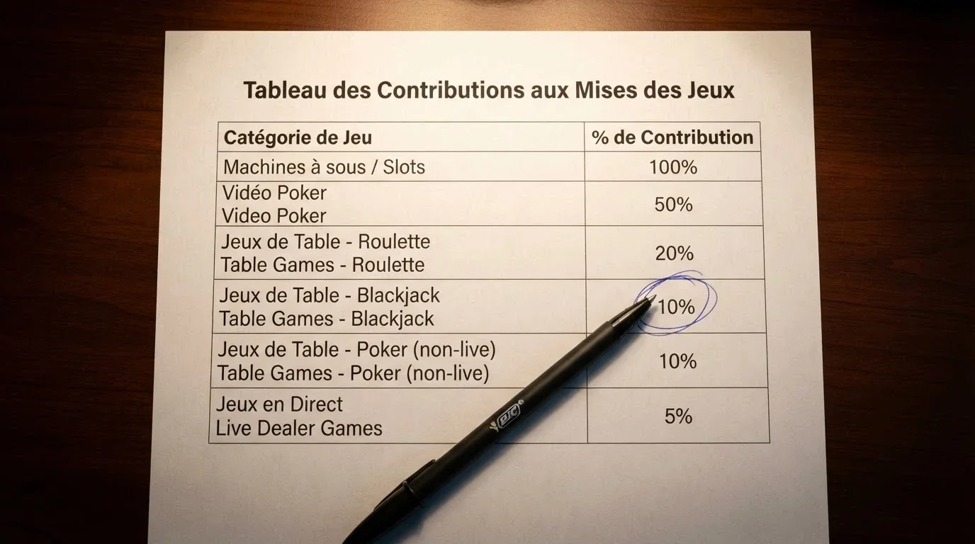 Capture des conditions générales d'un bonus de bienvenue avec le pourcentage de contribution des jeux live au wagering