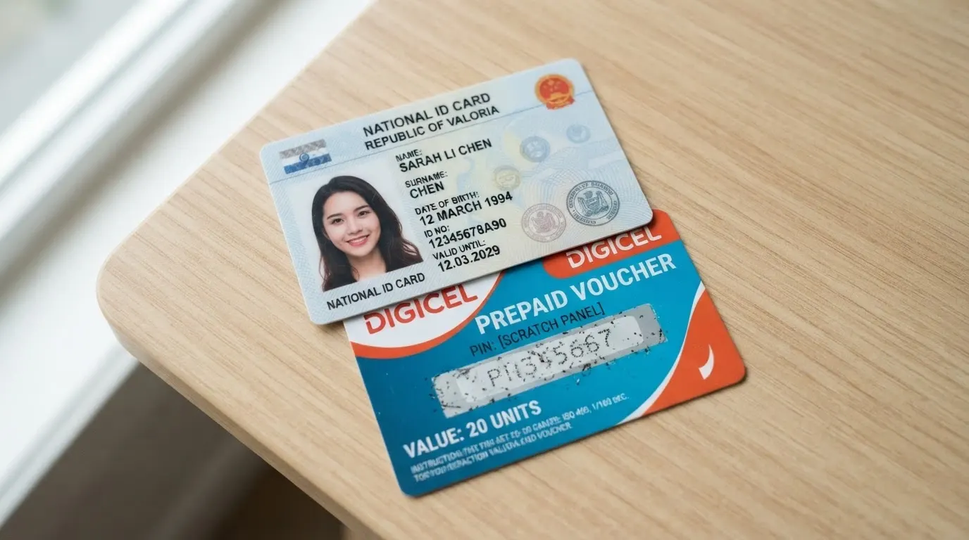 Un ticket Neosurf partiellement masqué par une carte d'identité posée en travers, la photo et le nom sont visibles sur la carte tandis que le code PIN du ticket reste caché
