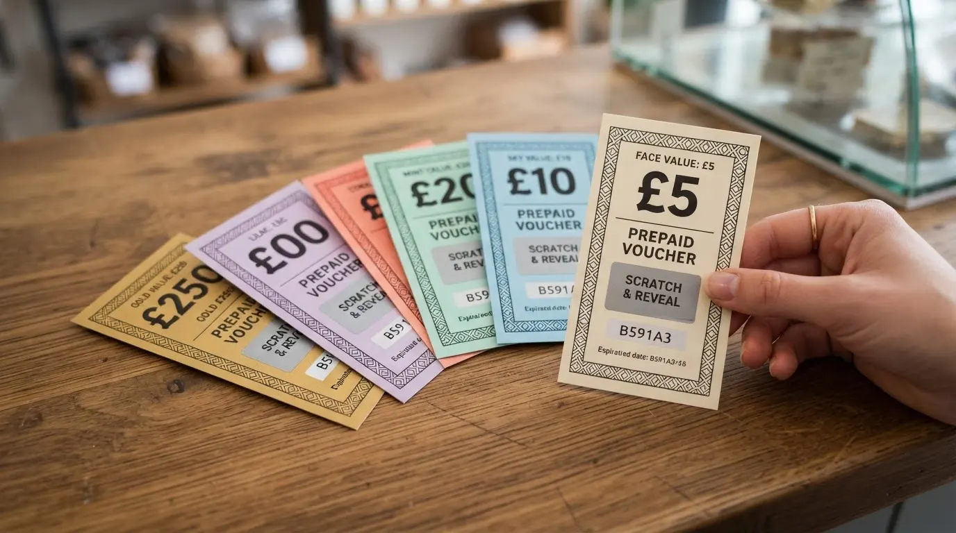 Plusieurs tickets Neosurf de différentes couleurs (5 €, 10 €, 20 €, 50 €) disposés en éventail sur un comptoir, une main tenant un ticket face au cadre