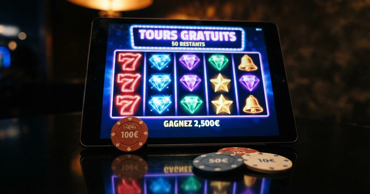 Une machine à sous en ligne colorée affichant une animation de tours gratuits, avec des jetons et l'interface d'un casino sur fond sombre