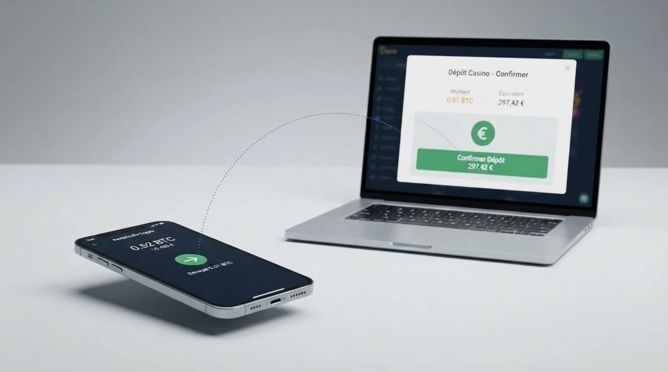 Schéma d'une transaction en Dogecoin entre un portefeuille numérique et l'interface de dépôt d'un casino en ligne