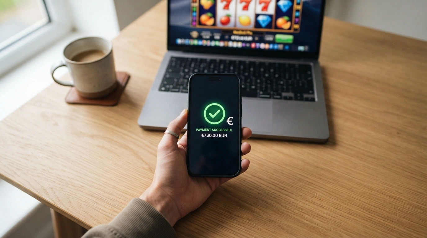 Une main tenant un smartphone affichant une transaction TRON confirmée, avec en arrière-plan flou l'interface d'un casino en ligne sur un écran d'ordinateur.