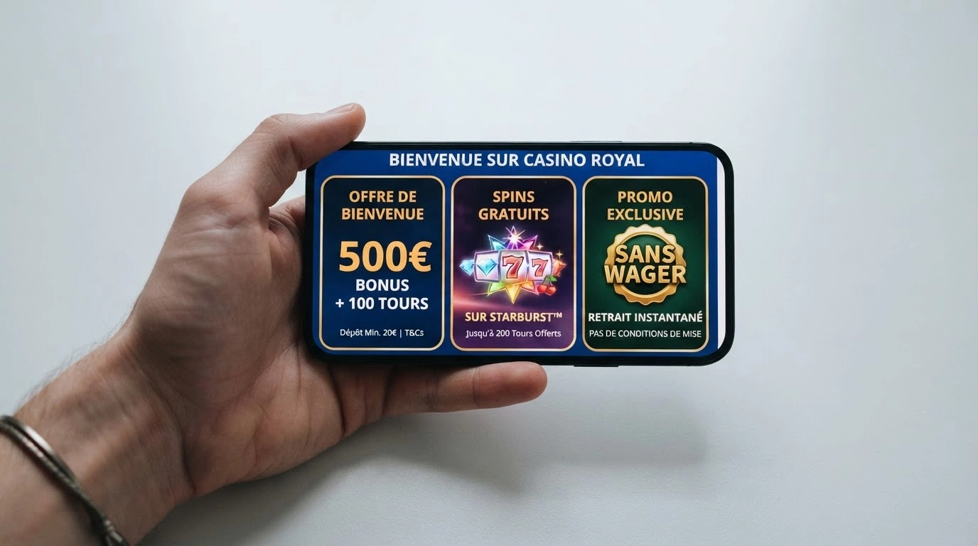 Trois captures de pages promotionnelles de casinos illustrant côte à côte un bonus en argent gratuit, une offre de tours gratuits et un bonus sans wager