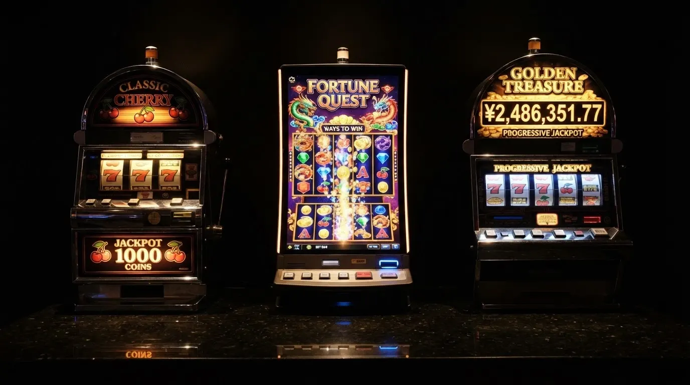 Trois machines à sous côte à côte : une machine à 3 rouleaux de style rétro avec des fruits, une machine vidéo à 5 rouleaux aux animations colorées, et une machine à jackpot progressif dont le compteur affiche une somme croissante
