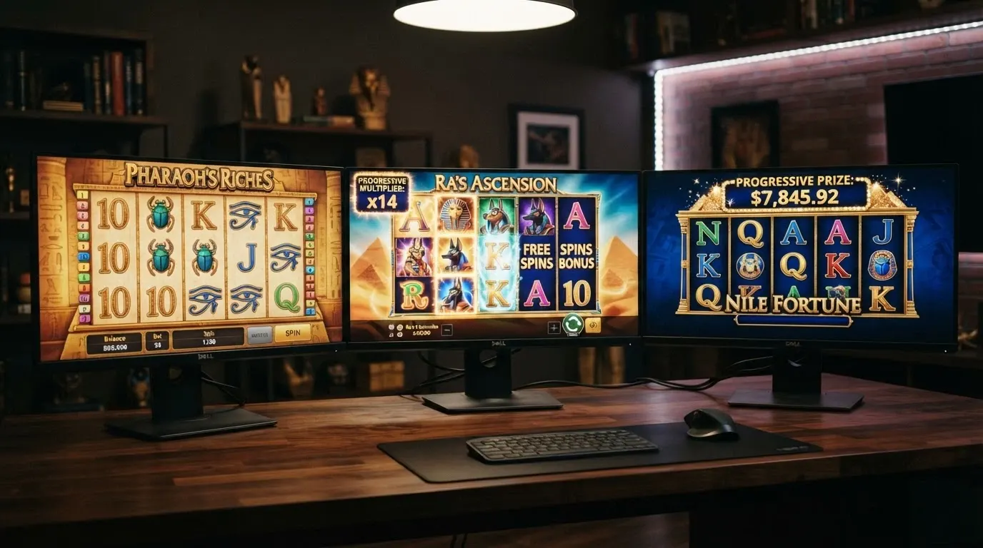 Écrans comparés de trois versions de Cleopatra (original, Cleopatra II, MegaJackpots) avec leurs interfaces distinctives, côte à côte