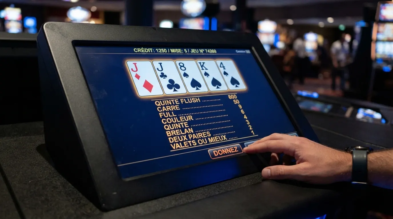Écran de video poker Jacks or Better affichant une main gagnante et le tableau des gains correspondant aux combinaisons