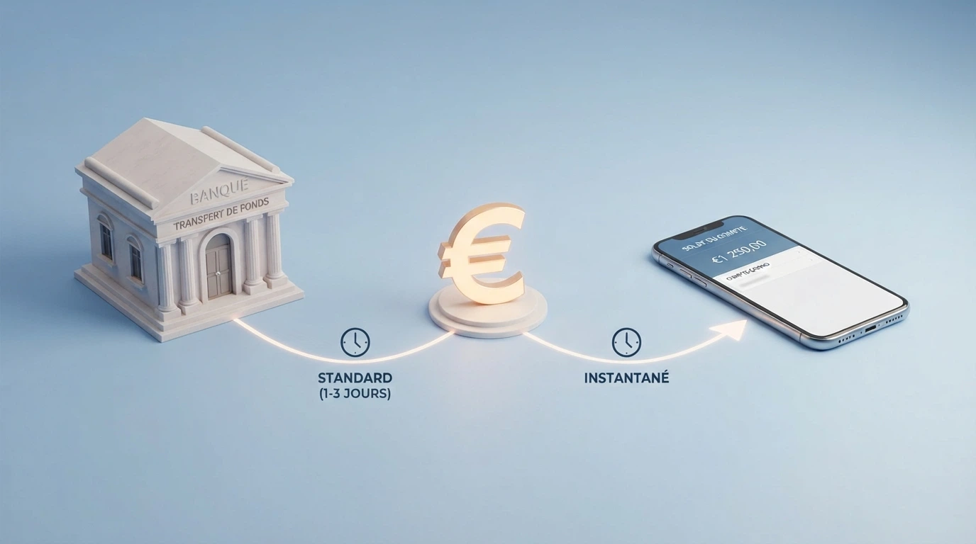 Schéma du parcours d'un dépôt par virement SEPA : saisie de l'IBAN du casino, validation bancaire, crédit du compte joueur avec indication des délais standard et instantané