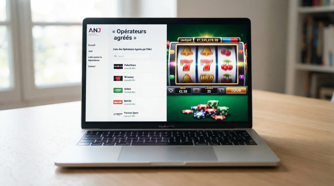 Un écran partagé : à gauche le site anj.fr ouvert sur la page des opérateurs agréés, à droite la page d'accueil d'un casino en ligne avec le logo Visa dans le footer