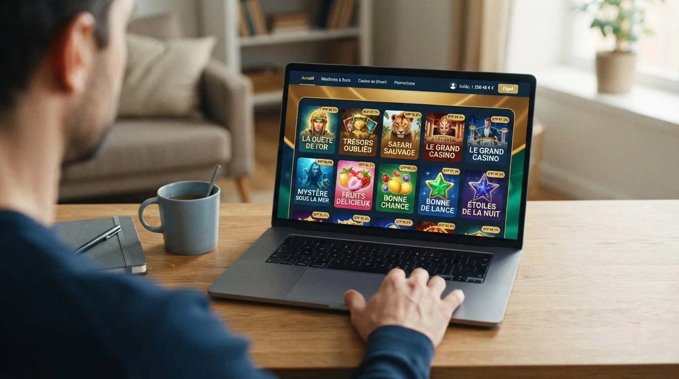 Vitrine de casinos en ligne affichant des vignettes de machines à sous colorées avec des pourcentages de RTP superposés
