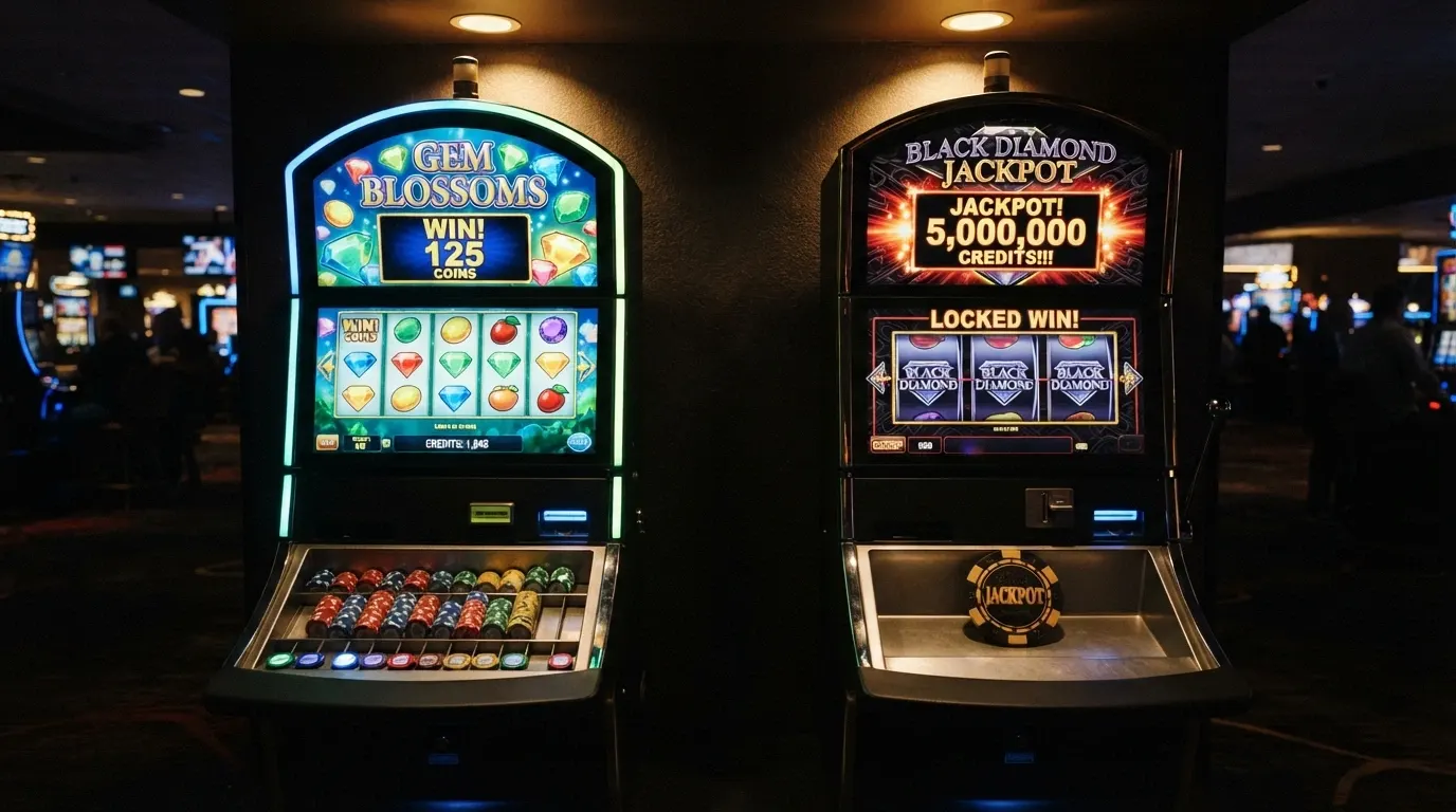 Comparaison visuelle de deux machines à sous côte à côte — l'une à faible volatilité avec des gains petits et fréquents, l'autre à volatilité extrême avec un gain massif isolé