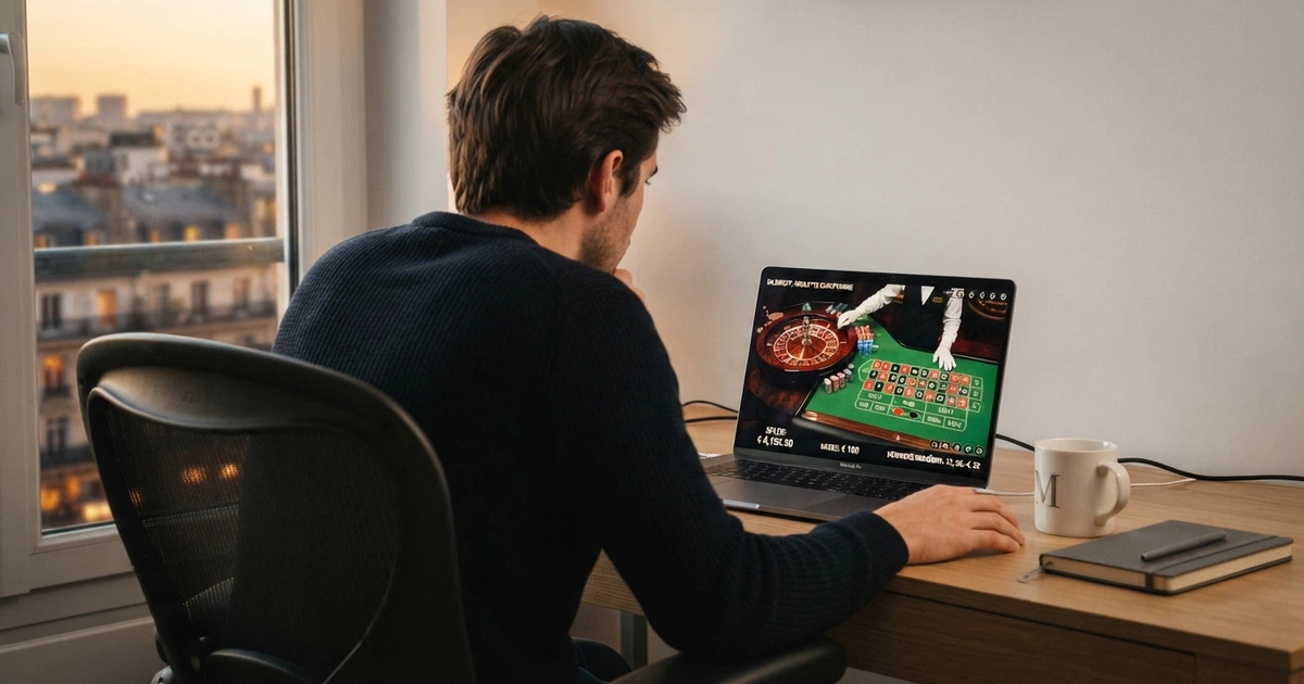 Un joueur français consulte un casino en ligne sur son écran d'ordinateur portable, une interface VPN affichant plusieurs pays de connexion possibles est visible en surimpression sur l'écran